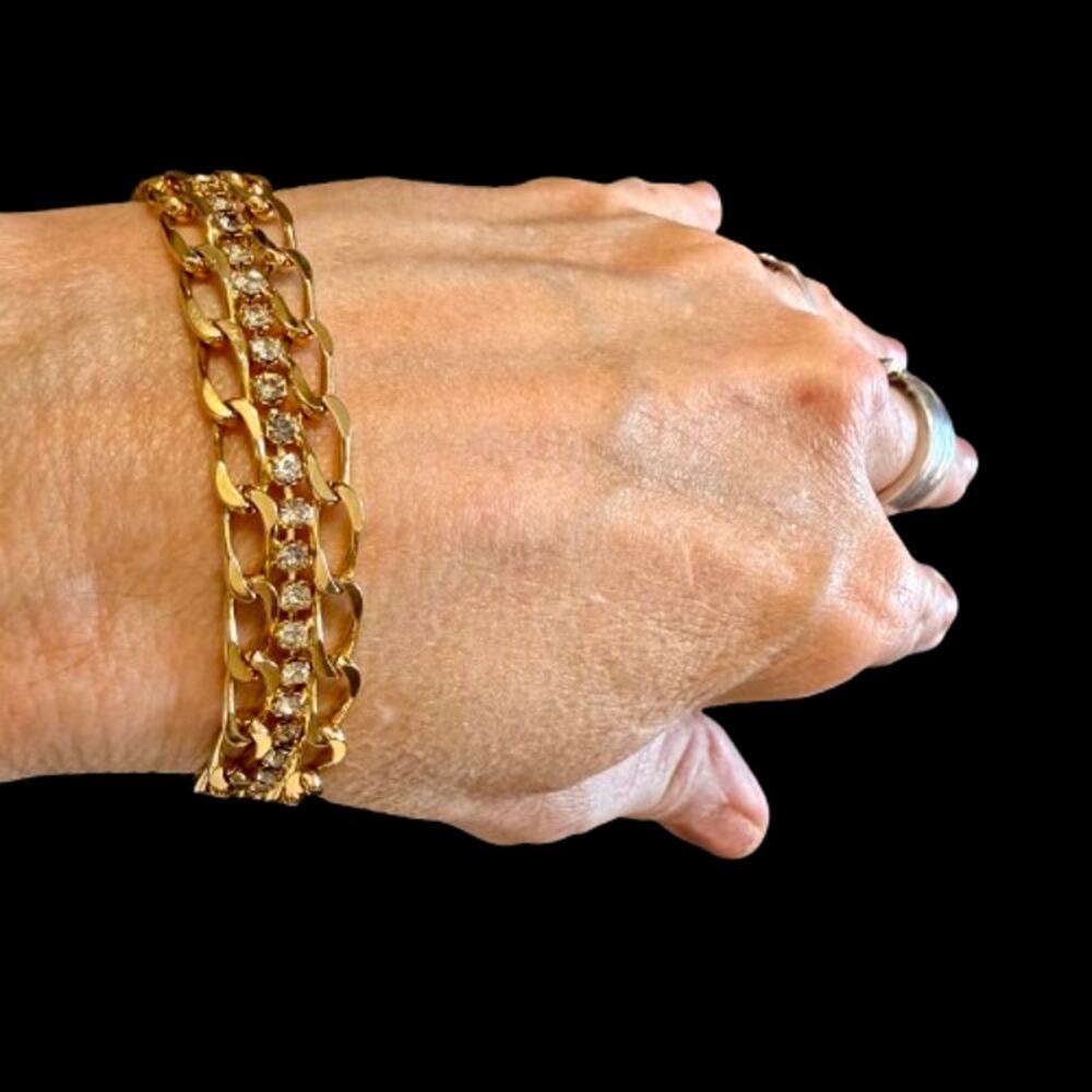 Vintage Gold Tone Chain Rhinestone Bracelet & Earrings - Picture 8 of 11
